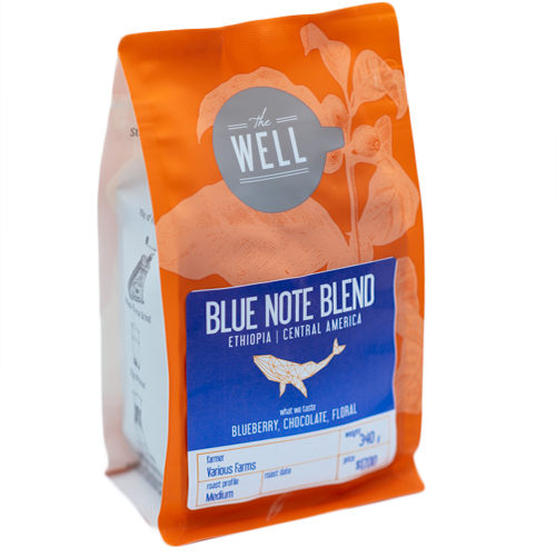 A bag of blue note blend coffee from Ethiopia and Central America